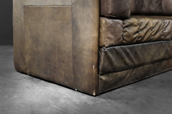 Image 1 of Vintage Mid-Century Modern German Brutalist 2-Seater Brown Leather Bed Sofa, 1970s