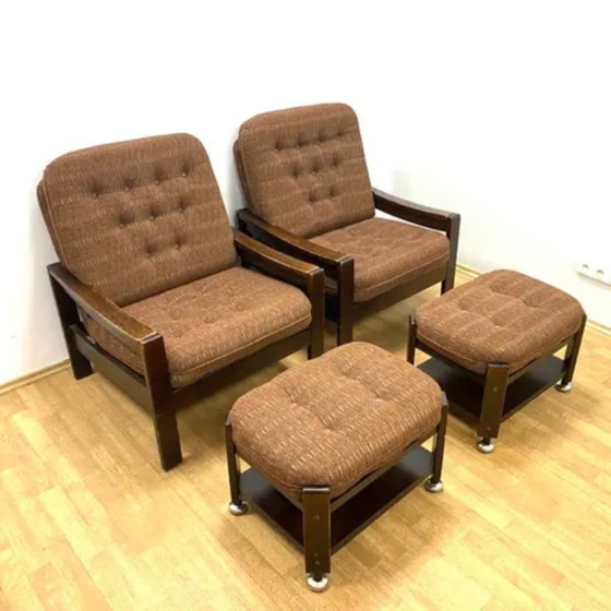 Image 1 of Retro fauteuils met voetenbankjes, Hikor, jaren 70