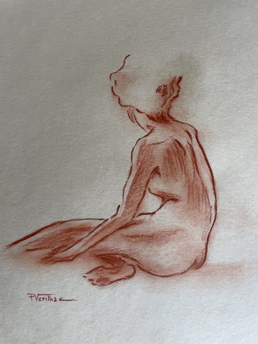 Tableau Signé Sanguine Portrait Féminin « Pose dans l’Atelier »