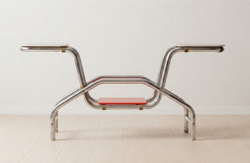 Bauhaus Tubular Steel Flower Stand with Colored Glass Shelves, 1930s, Czechoslovakia, 85 × 30 × 40 cm