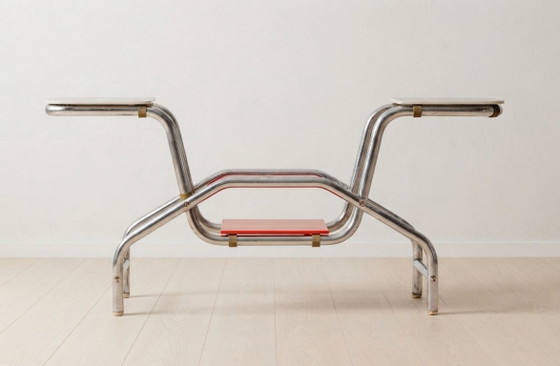 Image 1 of Bauhaus Tubular Steel Flower Stand with Colored Glass Shelves, 1930s, Czechoslovakia, 85 × 30 × 40 cm