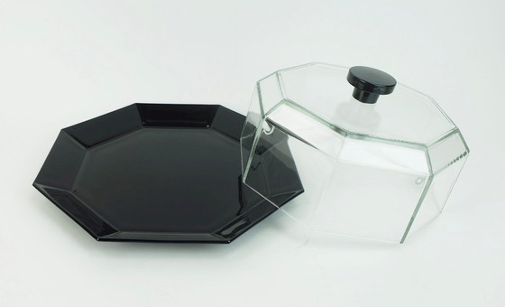Image 1 of 80s arcoroc octime zwart gebaksbord met cloche of kaasstolp zwart glas en helder glas