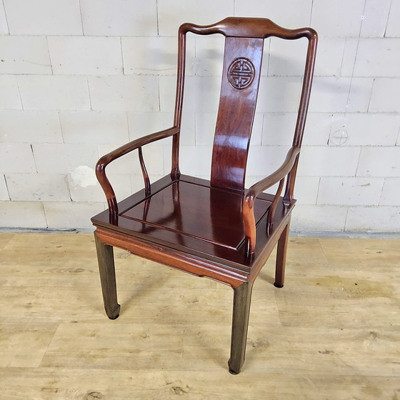 Image 1 of Set of Vintage Cherry Wood Chinese Armchairs / Asian / Bohemian Dining Table Chairs