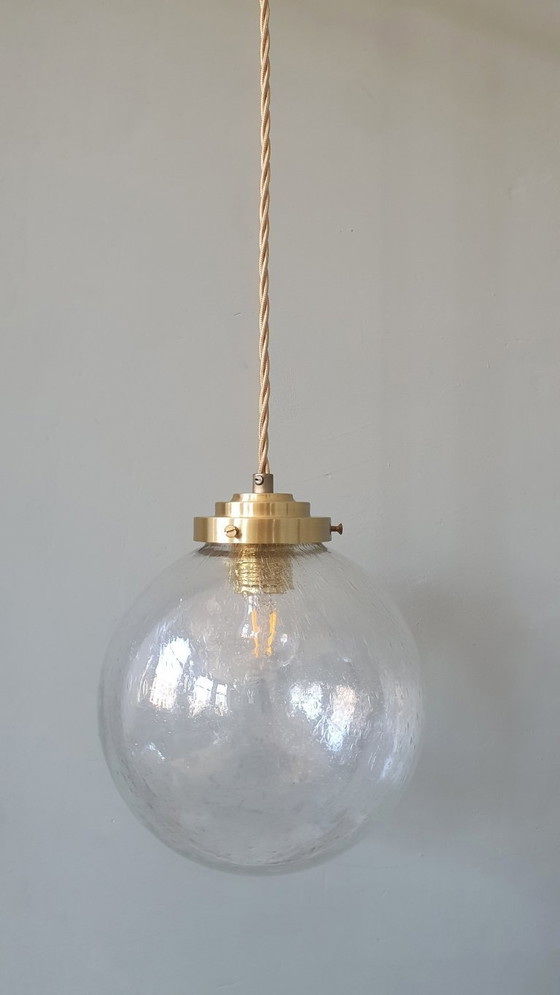 Image 1 of Vintage plafond hanglamp van getextureerd / bubbelglas - Mid Century