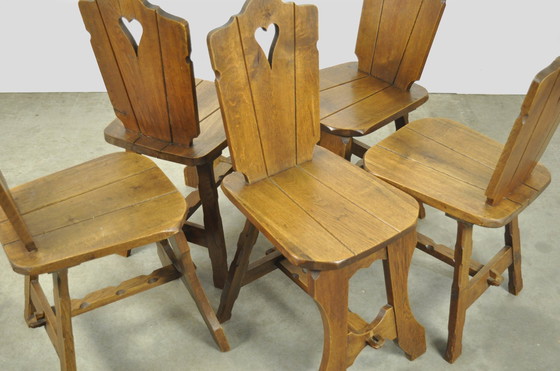 Image 1 of Vintage BRUTALIST oak handmade farmhouse dining chairs, 1930s Netherlands