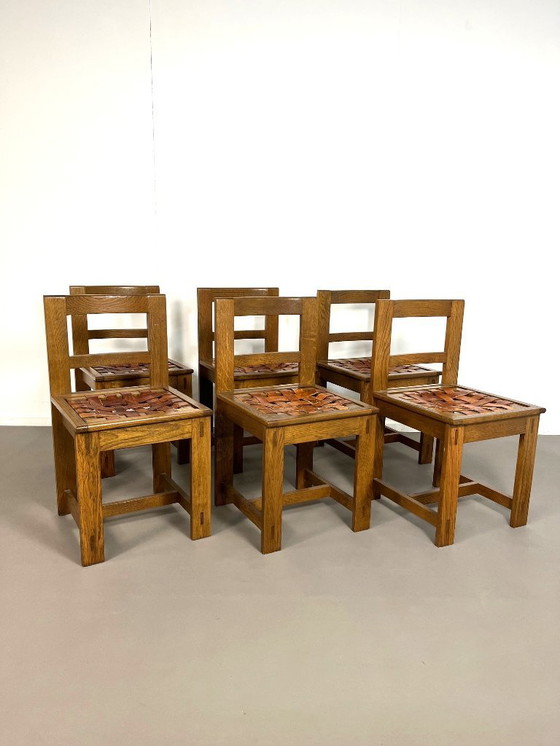Image 1 of 6 Brutalist oak chairs with leather seat