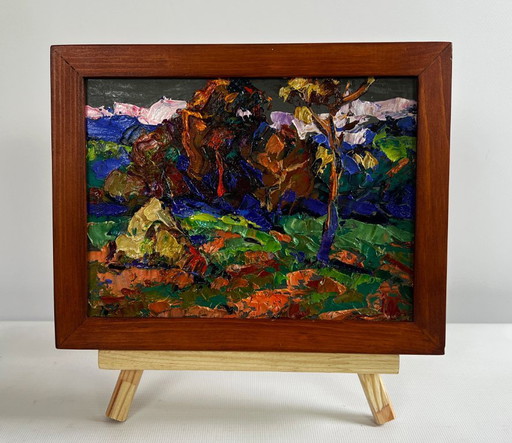 Original Oil Painting Autumn Forest Landscape Outside the village