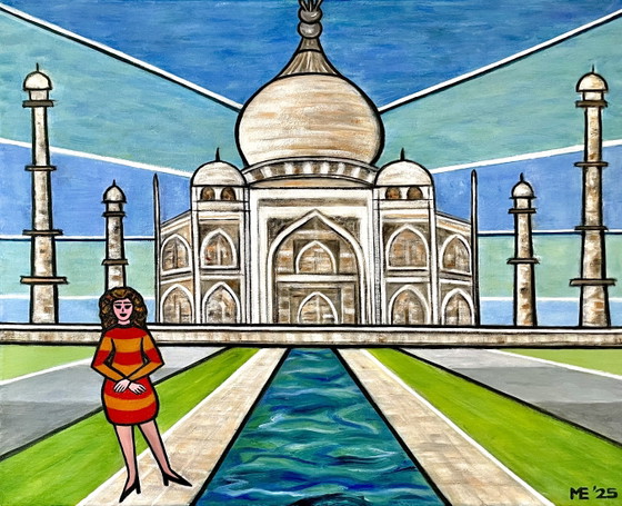Image 1 of Beautiful series of 8 handmade paintings, theme ‘women and world buildings’.