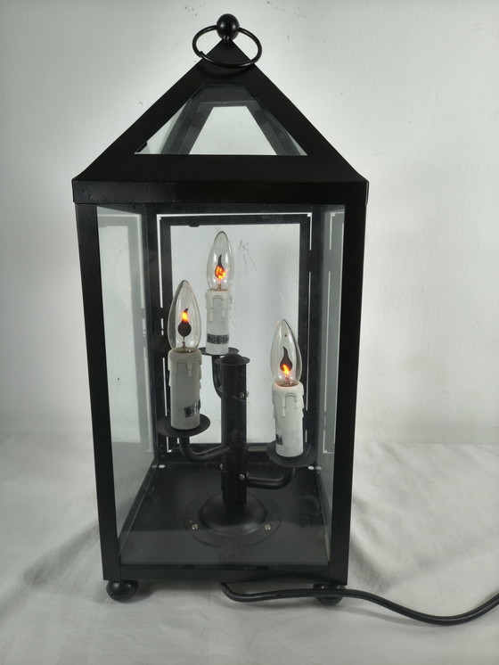 Image 1 of Klassische Laternen-Tischleuchte mit 3 Kerzenfassungen – schwarzes Metall und Glas