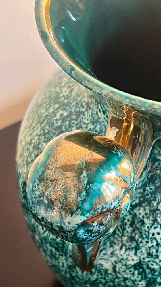 Image 1 of Vintage Vallauris Art Pottery Vase – Seafoam Glaze with Gilt Snail Handles | France, 1960s