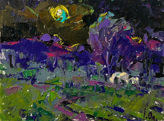 Original Oil Painting Summer Nature Landscape Bright Blue Night – Paintings & Drawings, Canvas (photo 3 of 8)