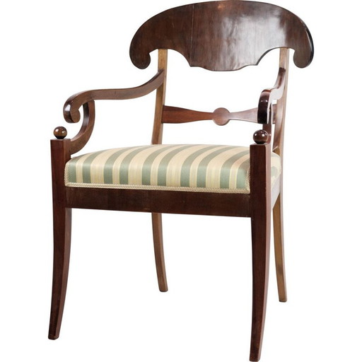 Poltrona vintage in mogano con tessuto a righe chiare, anni '40 dell'Ottocento