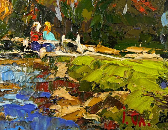 Image 1 of Original Oil Painting Summer Bridge Landscape The path through the silence of the forest