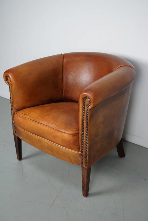 Vintage Dutch cognac-colored leather club armchair