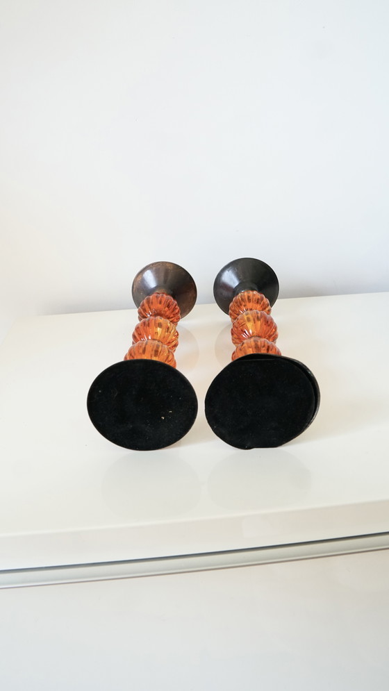 Image 1 of Pair of vintage candlesticks in metal and orange blown glass - 70s style
