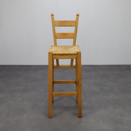 Image 1 of Set of 4 Bar Stools in Solid Oak and Rattan, 1970s