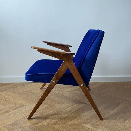 Image 1 of Mid Century Modern Blue Velvet Armchair Restored, Vintage Chierowski Lounge Chair, Polish Wooden Frame Accent Chair