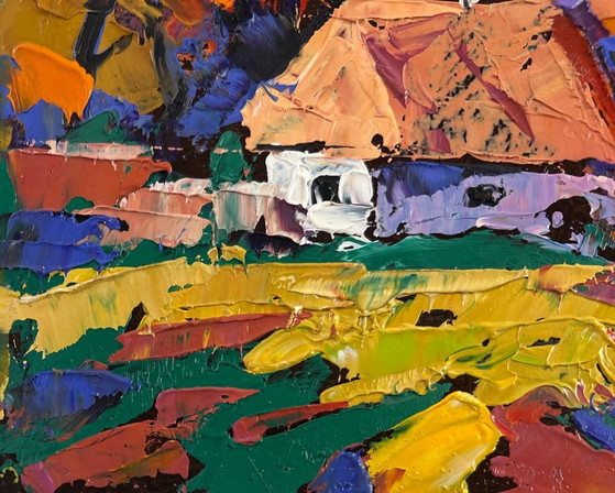 Image 1 of Original Oil Painting Evening Village Landscape Autumn is knocking on the windows