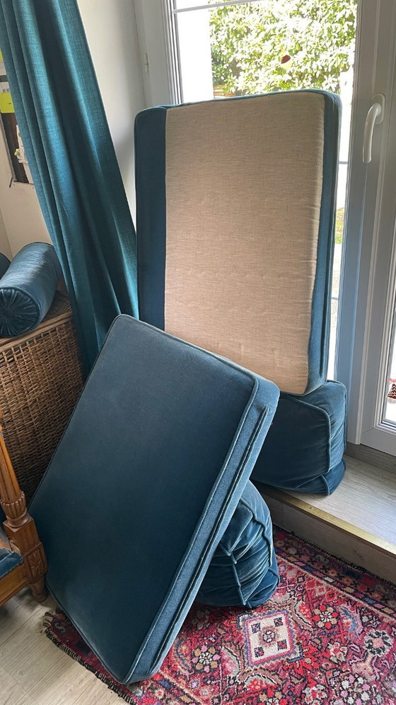 Image 1 of Vintage Jean Roche Wood and Velvet Sofa