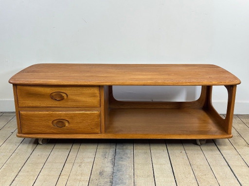 Table basse /meuble rangement en orme massif ERCOL Minerva 1980'S
