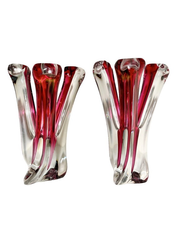 Image 1 of Paire de chandeliers en cristal Val St Lambert - Art verrier de René Delvenne - Bougeoir et vase à bourgeon vintage VSL Belgique