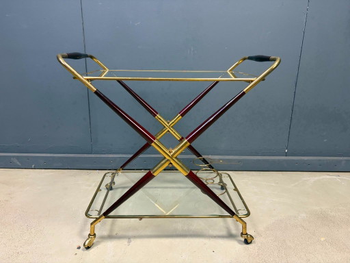 Carrito de servicio italiano vintage de Cesare Lacca, década de 1950. – serveerwagens, Glass, Wood