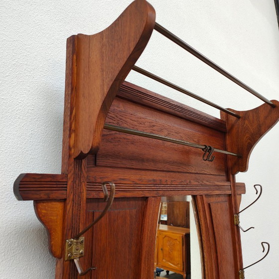 Image 1 of Porte-manteau ancien, porte-manteau sur pied avec miroir, mobilier d'entrée