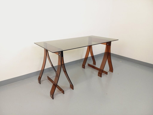 Vintage Marcello Gacita and Pierre Tiberi desk for Rodet in smoked glass, Plexiglas and chromed metal from the 70s