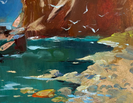 Image 1 of Peinture à l'huile originale représentant un paysage côtier rocheux. Bord de mer rocheux.