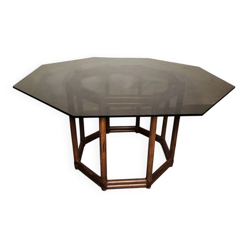 Mesa de madera estilo bambú con tapa de cristal ahumado, años 70