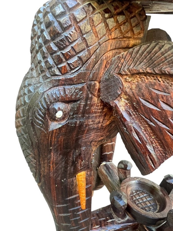 Image 1 of Unique wooden side table/flower stool with elephant head design and inlays ca. 1920-1930s