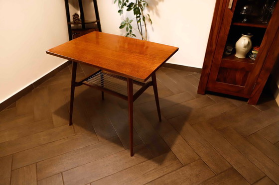 Image 1 of Brussels Style Retro Table with Woven Shelf – Dřevopodnik Holešov, 1960s 