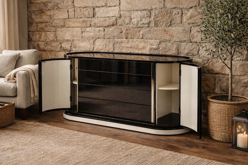 Meuble rond laqué noir avec tiroirs, par Mario Sabot, 1970