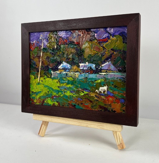 Original Oil Painting Summer Houses Landscape On the edge of the village — time stops
