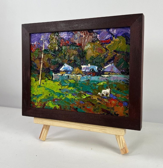 Image 1 of Original Oil Painting Summer Houses Landscape On the edge of the village — time stops