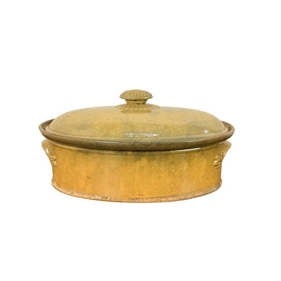 Antica terrina ovale francese in terracotta con coperchio, Accessori da cucina, Ceramica, Giallo, Rustic (foto 2 di 8)