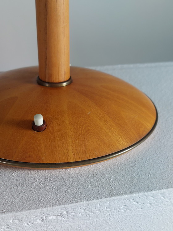 Image 1 of Vintage Temde wood brass 1950s table lamp basket shade