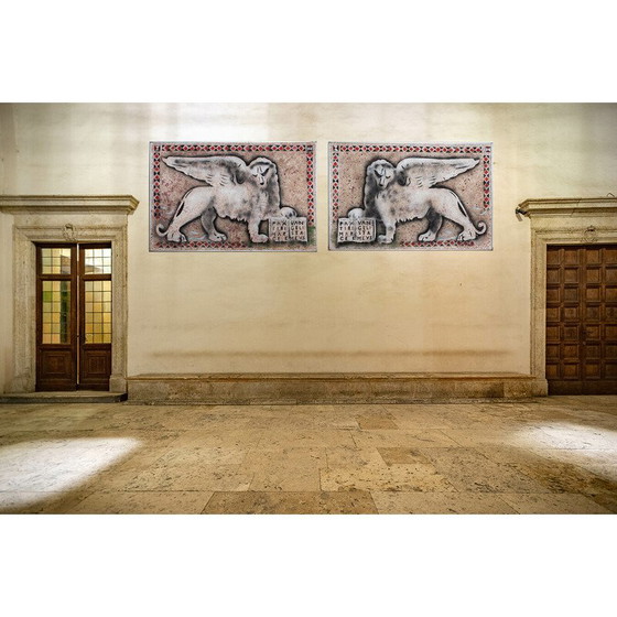 Image 1 of Pair of vintage paintings "lions of Venice" by Gio Magri, Italy 1970