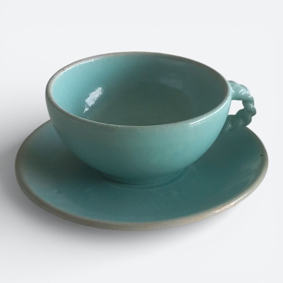 Image 1 of Set van 2 mid-century (1960-1970) handgedraaide steengoed kop-en-schotel sets – studio keramiek 