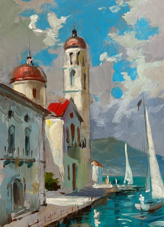 Image 1 of Original Oil Painting Summer City Landscape City on the water and white sails