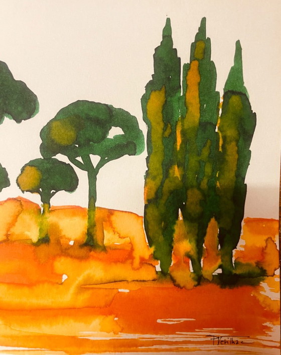 Quadro Firmato Paesaggio 'Alba Provenzale nella Pineta' – P. Crilha, Arte, Paper (photo 5 of 9)