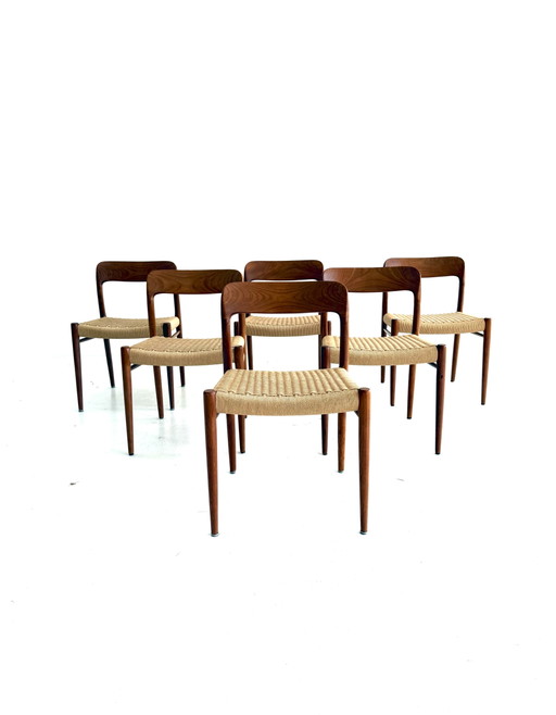 6x Vintage Modelo No. 75, Niels Otto Møller '60 – eetkamerstoelen, Wood, Paper