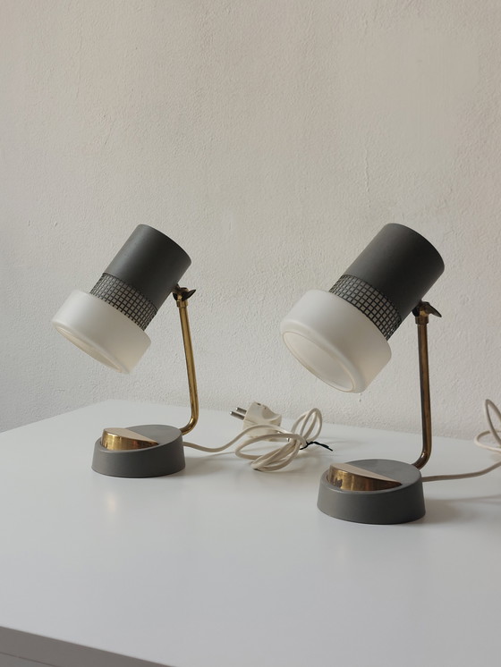 Image 1 of Vintage Mid Century Tafellampen Bedlampjes Opaalglas Messing