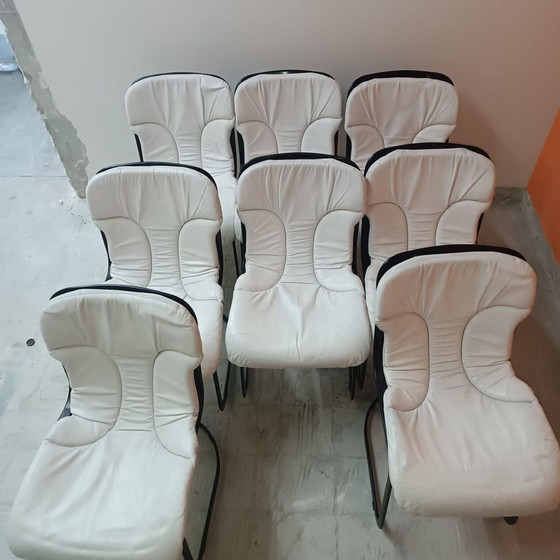Image 1 of Set of 8 Vintage White Leather Chairs Model No C2 by Cidue, Italy 1970