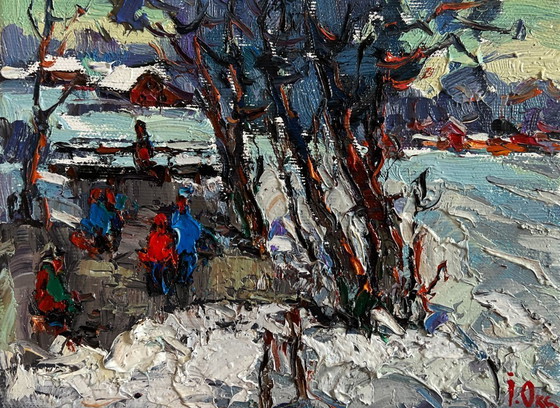 Image 1 of Original Oil Painting Winter Village Landscape First winter ice