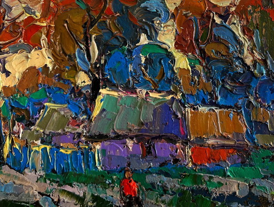 Image 1 of Original Oil Painting Sunset Village Landscape Cool wind in the evening