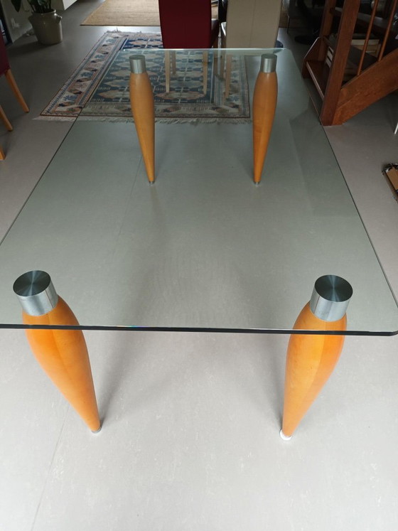 Glass dining table with wooden legs, Transparent, Modern (photo 5 of 5)