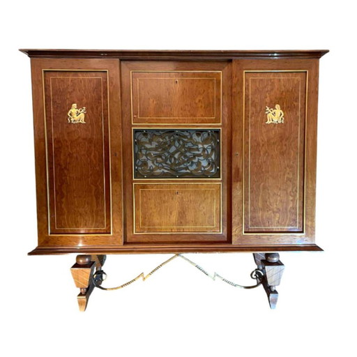Buffet bas ou Bar Art Déco en Placages, Bronze et Ferronnerie, années 1930-1940