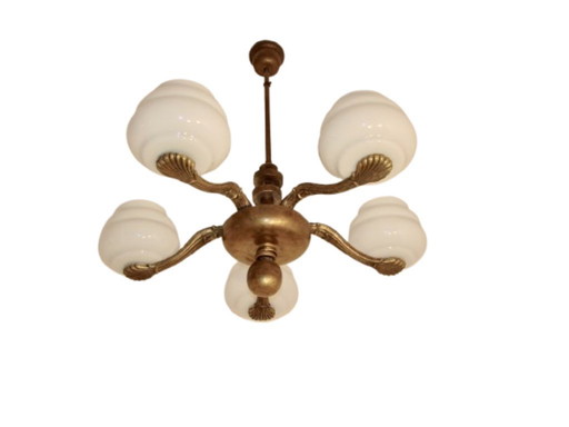 Lampadario anni '30-'40 - Ottone e vetro, 5xE27