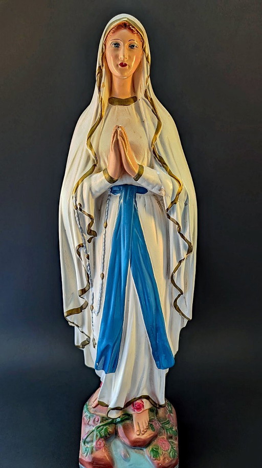 Vintage Madonna Statue – Our Lady of Lourdes – Hand Painted Chalkware/Plaster – Religious Decor